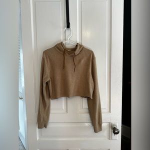 Coffee-colored waffle knit hooded crop top